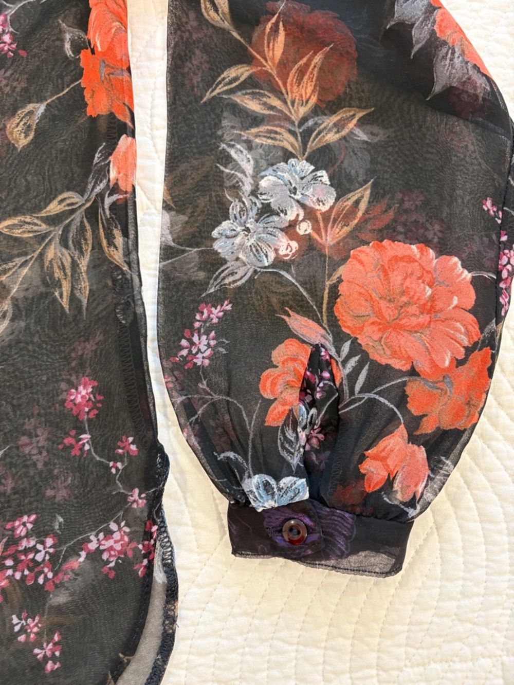 Sheer Black Floral Button-Up Blouse - Picture 4 of 7